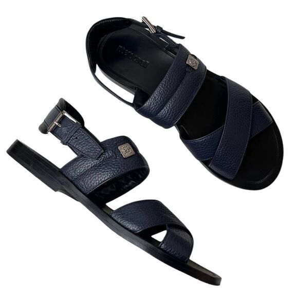 Roberto Cavalli Leather Sandals Blue Pebbled Crossover Strap Men’s 42 Italy US 9 - Picture 1 of 12